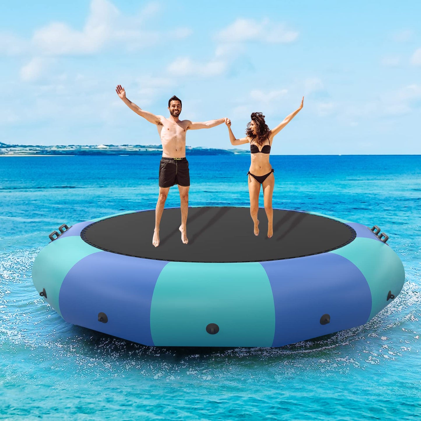 10Ft 12Ft 15Ft Inflatable Water Trampoline, Floating Rebounder Trampoline with 500W Blower and 3-Step Rope Ladder