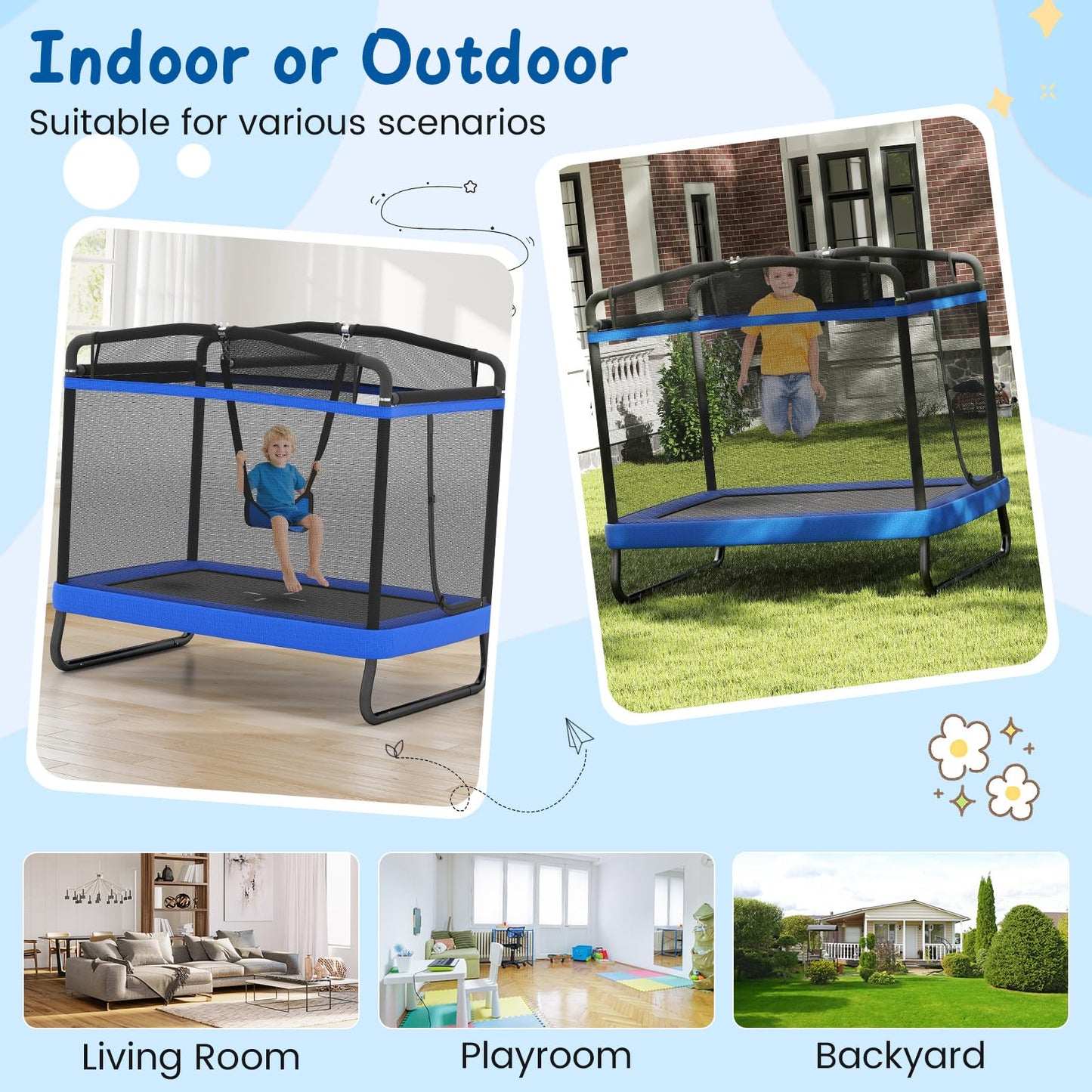 Rectangle Trampoline for Kids 70” Toddler Rebounder with Detachable Swing