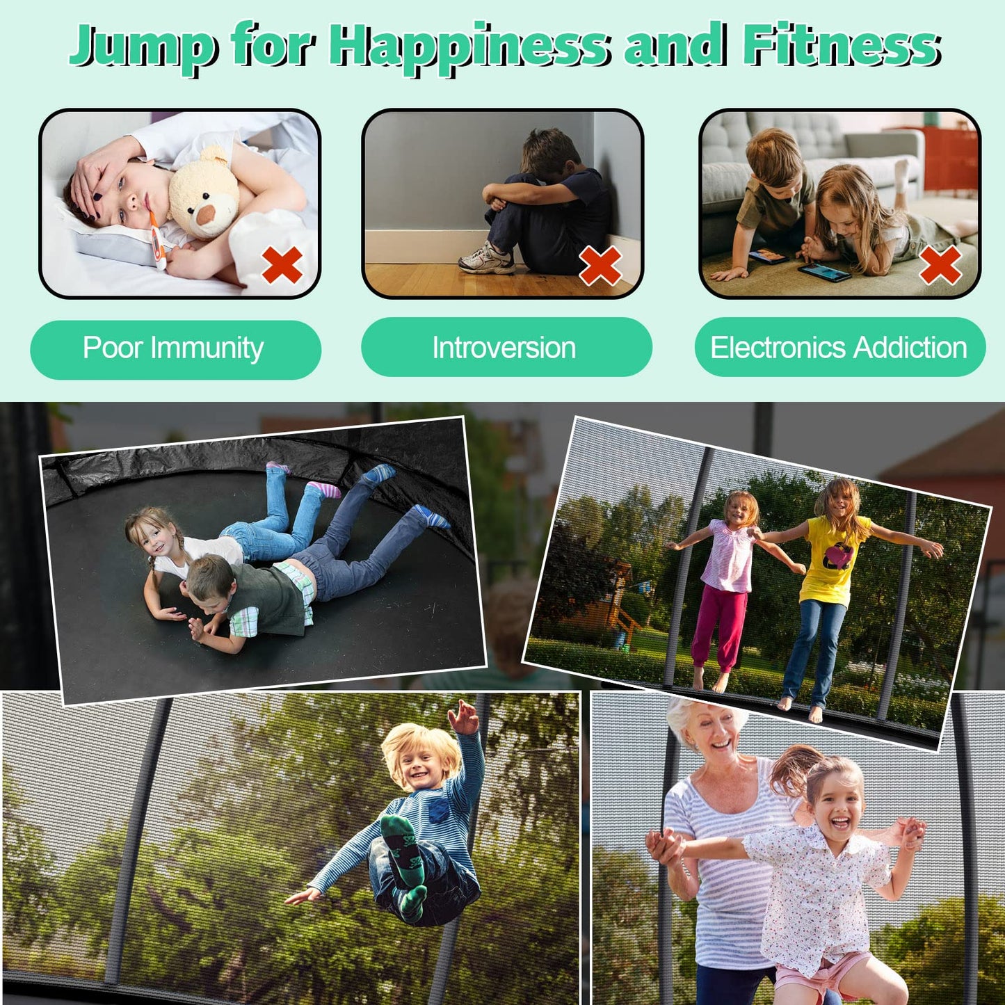 8FT 10FT 12FT Trampoline with Enclosure, ASTM Approved Outdoor Large Trampoline with Ladder