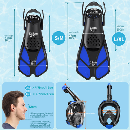 Full Face Snorkel Mask & Adjustable Swim Fins Snorkel Kit for Adults