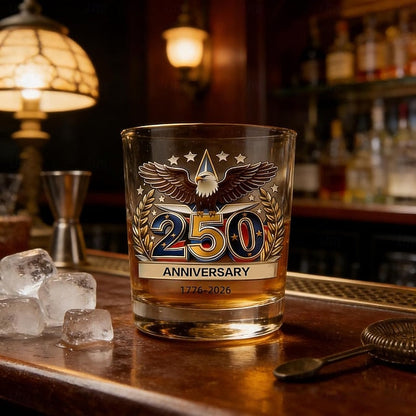 USA 250th Anniversary Eagle with Flag Whiskey Glass Cup, 1776-2026 Edition Whiskey Bottle, 12oz for Liquor, Patriotic Military Veteran Gift for Men, Dad, Husband, Anniversary & Retirement Decoration
